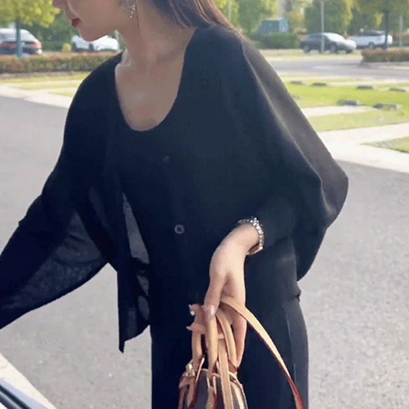 

Ice Silk Open Cardigan Knitted awl Top Sun Protection Clothing Casual Loose Fit Long Sve V-Ne Pure Color Commute Sle