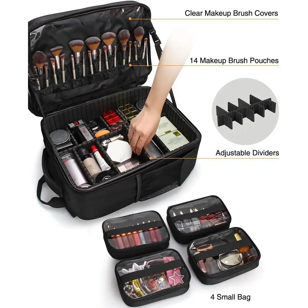 Bolsa de maquiagem profissional grande de dupla camada para artistas com 4 bolsas de armazenamento em preto