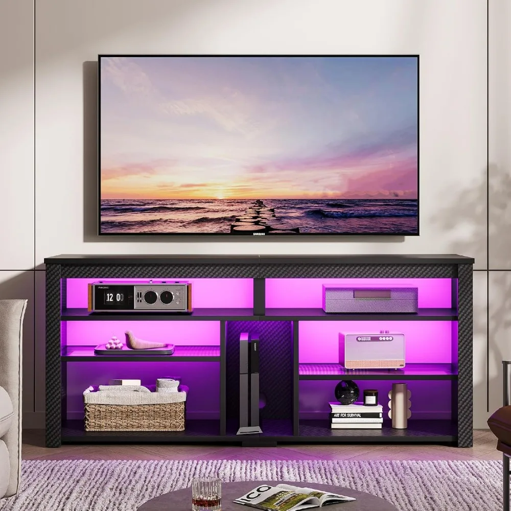 

LED Tall TV Stand, Entertainment Center for 55/60/65 Inch, Gaming Console with Storage for PS4, Adjustable Shelf High Cabinet
