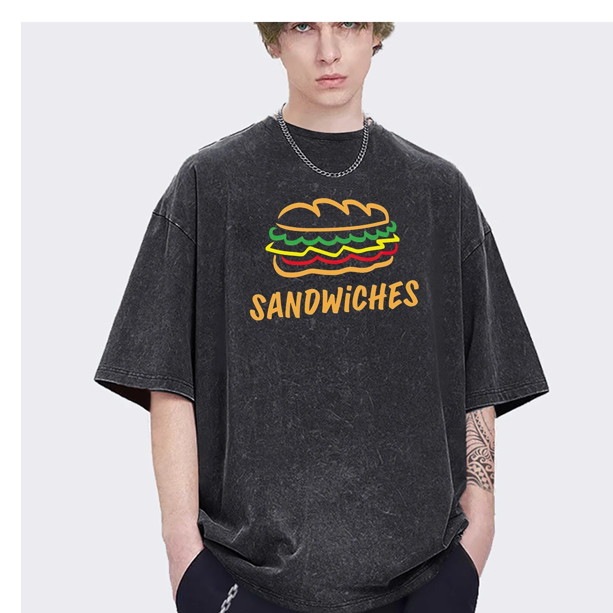 American Sandwich fast food love breakfast bread Oversized men t shirt Women Fashion Casual Vintage Washed Streetwear Cotton tee