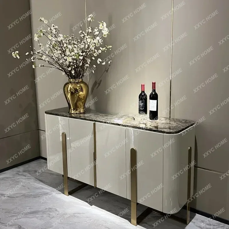 Italian light luxury dining side cabinet marble surface stainless steel metal foot living room locker
