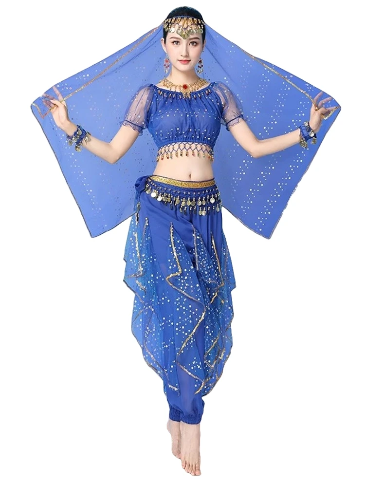 

Women Shiny Belly Dance Costumes Set Sari Indian Jasmine Princess Outfit Bollywood Halloween Stage Performance Suit Dance Dress