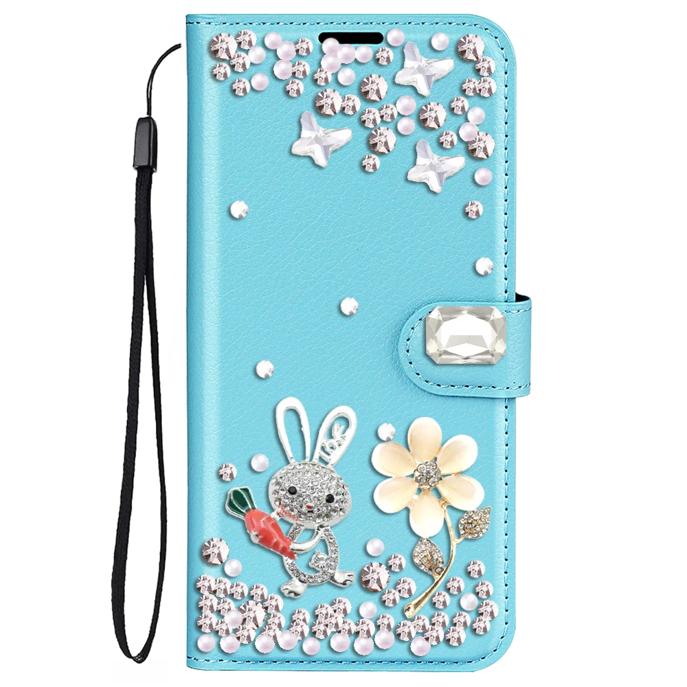 Rabbit Phone Case for iPhone 15 14 12 13 16 Pro Max 14Pro 15Pro Luxury Diamond Retro Bling PULL-UP Leather Back Cover Wallet Bag