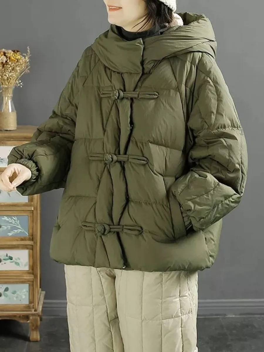 

Women's Winter Thickened Short down Jacket Loose Fit Retro Button Warm Coat with Ear Covers Large Size Available