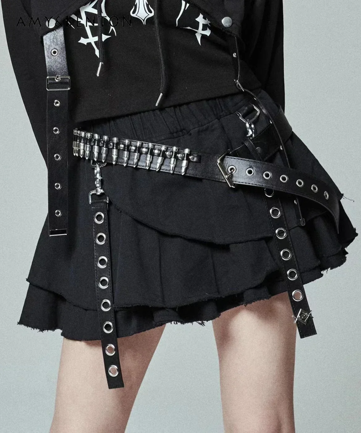 

Mine Series Subculture Mini Skirt Dark Punk Rivet Belt Irregular Gothic Skirt Female High Waist Slim Y2K Spice Girls Skirts