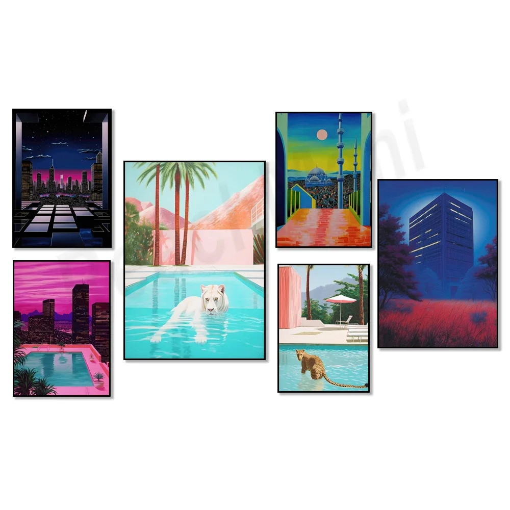 Japanese artist Hiroshi Nagai poster, pool art, midnight in Kyoto, modern Hiroshi Nagai inspired print, cityscape wall decor,