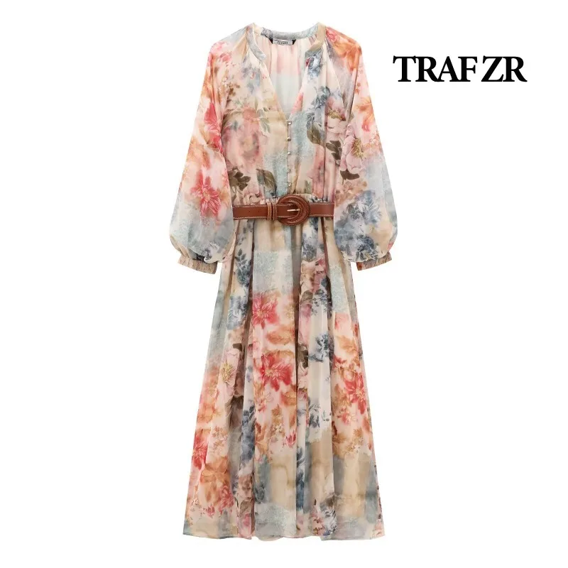 TRAF ZR Party Dress with Sashes Autumn Dress Beach Style Floral Print Dress Robes Midi Elegant and Beautiful Women\'s Dresses