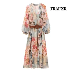 TRAF ZR Party Dress with Sashes Autumn Dress Beach Style Floral Print Dress Robes Midi Elegant and Beautiful Women's Dresses