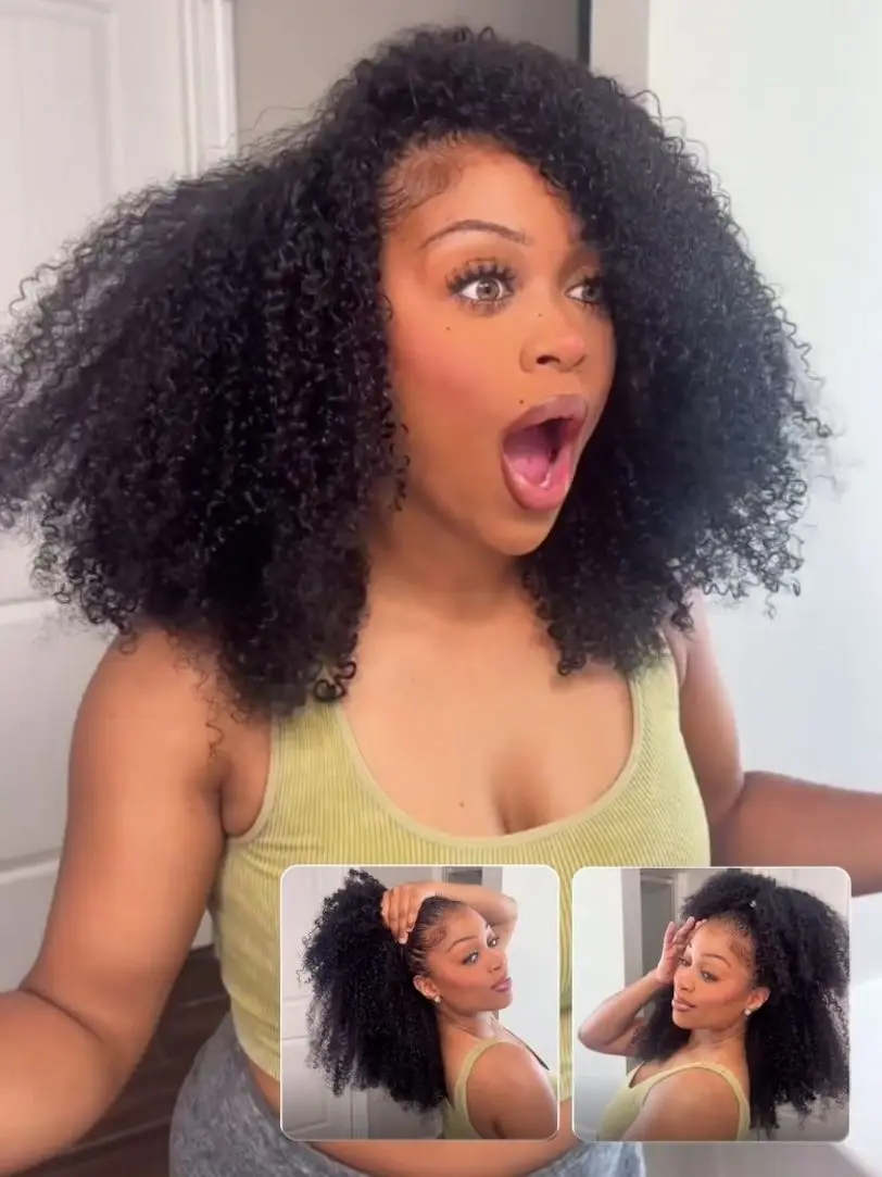 

Парик-полупарик 3-в-1 из натуральных волос 4C Afro Curly, машинной работы, с завязками, кудрявый, афро-стиль