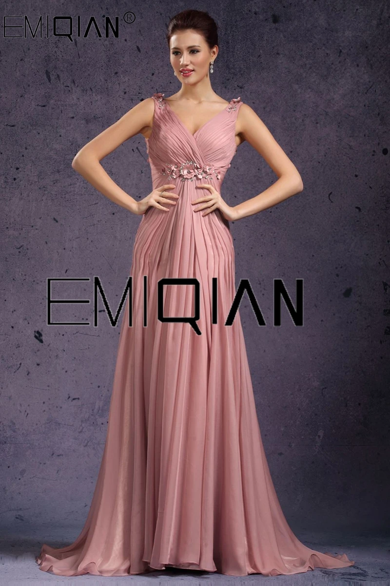 

V Neck Beaded Handmade Flowers Chiffon Evening Dress