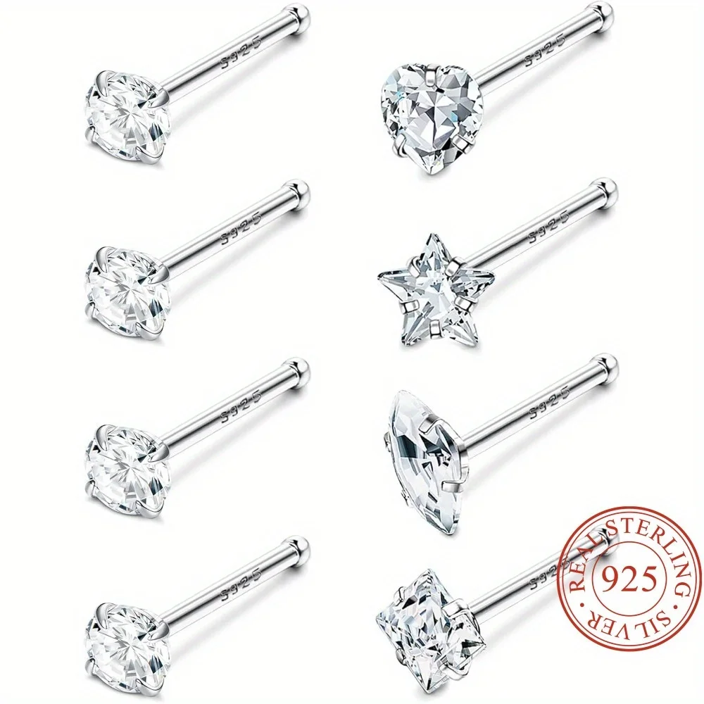 CASSIECA 1Pc Nose Studs for Women Men Star Marquise Heart Square Round Shaped CZ L Shape Piercing Jewelry