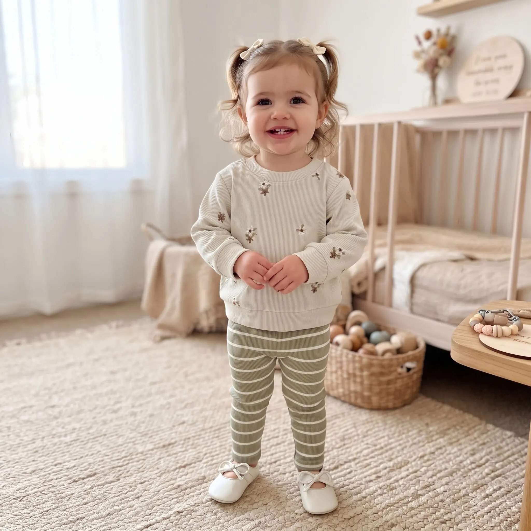 Baby Girl 2Pcs Outfit Ribbed Floral Embroidery Sweatshirt + Green White Stripe Leggings Infant Clothes Set