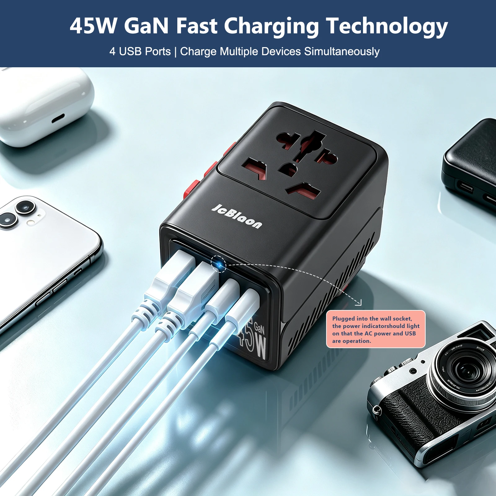 45W PD GaN Fast Charging Universal International Travel Adapter with 4 USB-A USB-C Ports