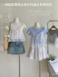 Lace Patchwork Suspender Short Sleeved T-shirts for Women's Summer Spicy Girl Slim Fit Short Tops Chic Design T-shirt