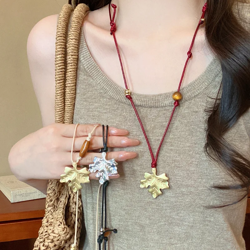 LATS New Gold Color Maple Leaf Pendant Necklace for Women Long Rope Chain with Beads Fashion Jewelry Accessory Gifts