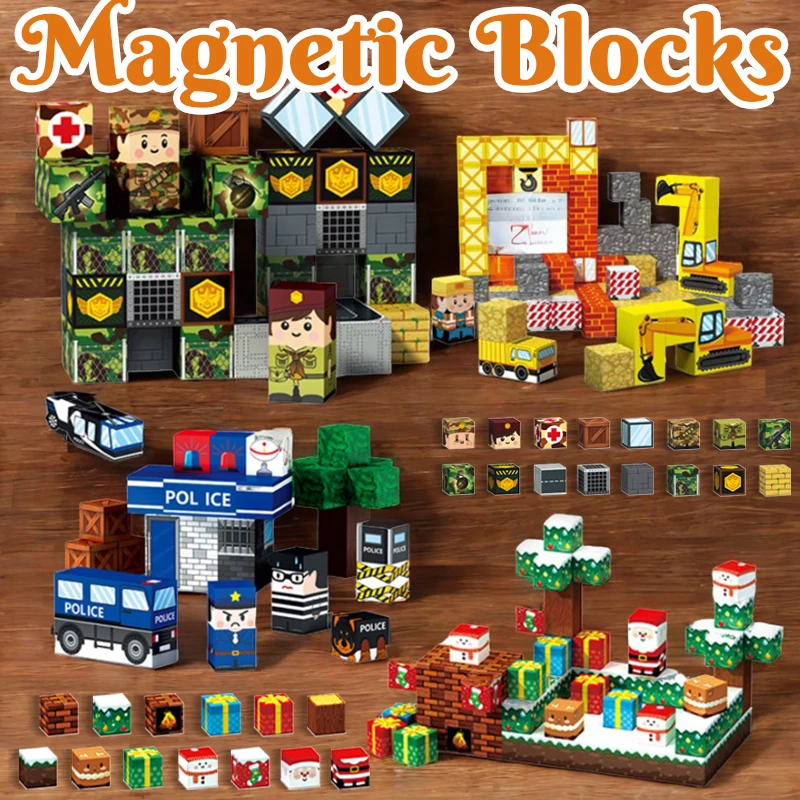 

Magnetic Building Blocks City Police Scene Christmas Present Military Figures Mine Kid Puzzle DIY Building Educational Toy Gifts