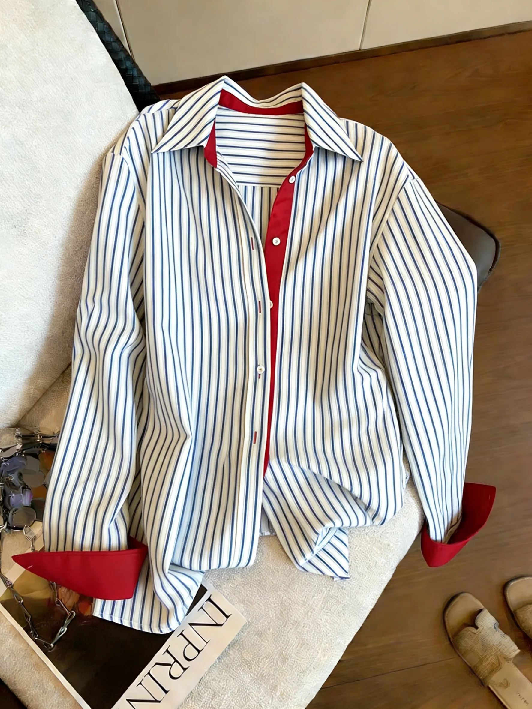 

Ретро-рубашка в гонконгском стиле с длинным рукавом, в полоску, повседневная, женская, весенне-осенняя, модный дизайн, свободный крой, трендовый топ