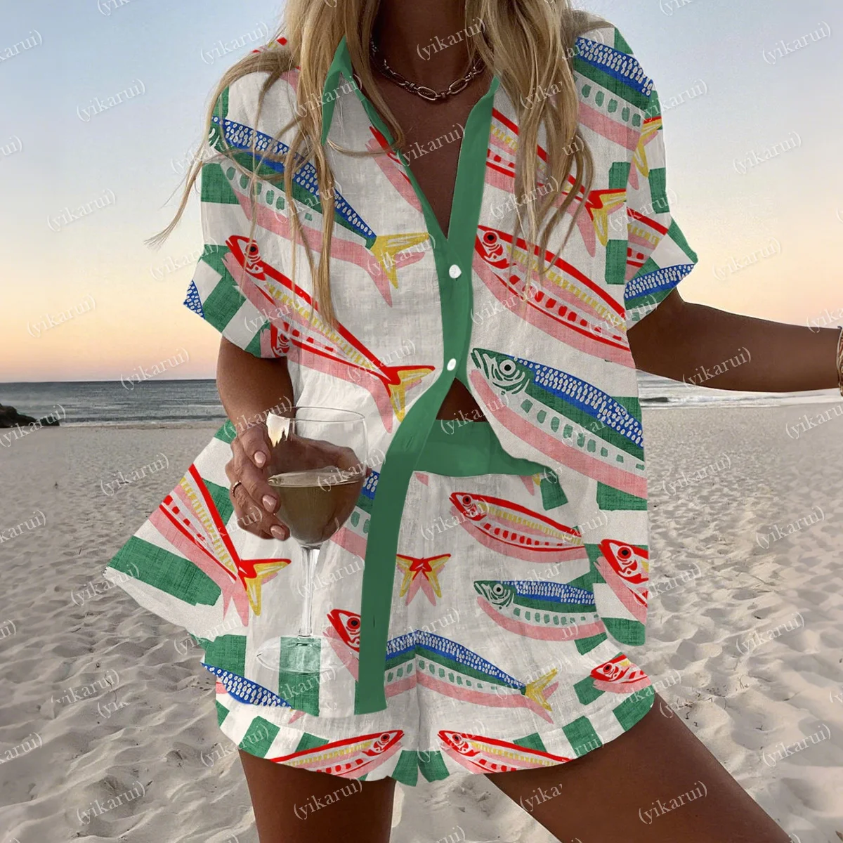 

Summer Fashion Print Beach Holiday 2-Piece Set Women Short Sleeve Shirt Top + Wide Legs Short Women's Oversized Two-Piece Outfit