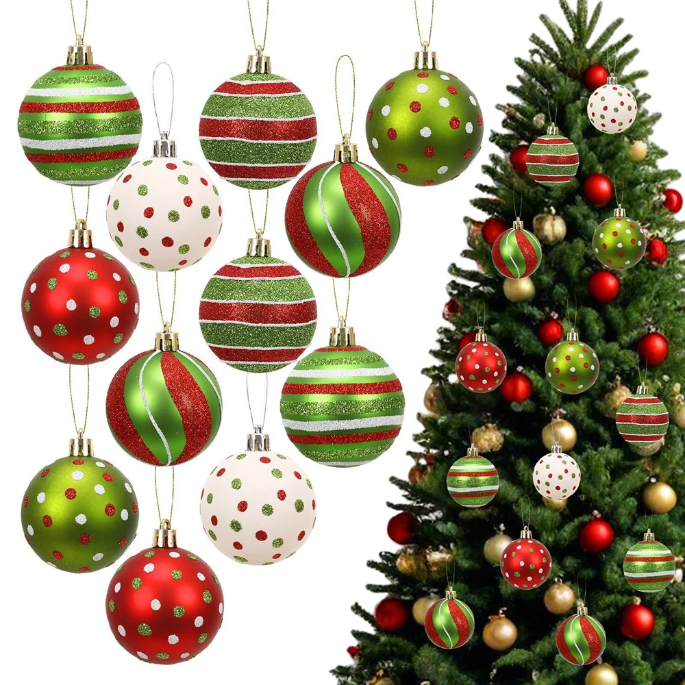 12pcs Polka Dot Christmas Balls, 6cm Matte Glossy Drawing Ornament Balls, Xmas Tree Hanging Baubles Decorations, Shatterproof