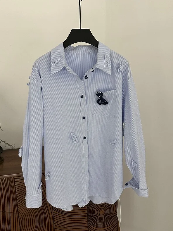 

Loose Korean Style Long Sleeve Striped Cartoon Print Shirt Women's Casual Breathable Cotton Blend Button Detail Blouse