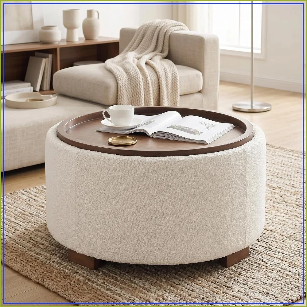 30 Inch Round Storage Ottoman with Lift Off Lid, Boucle Coffee Table Ottoman, Beige