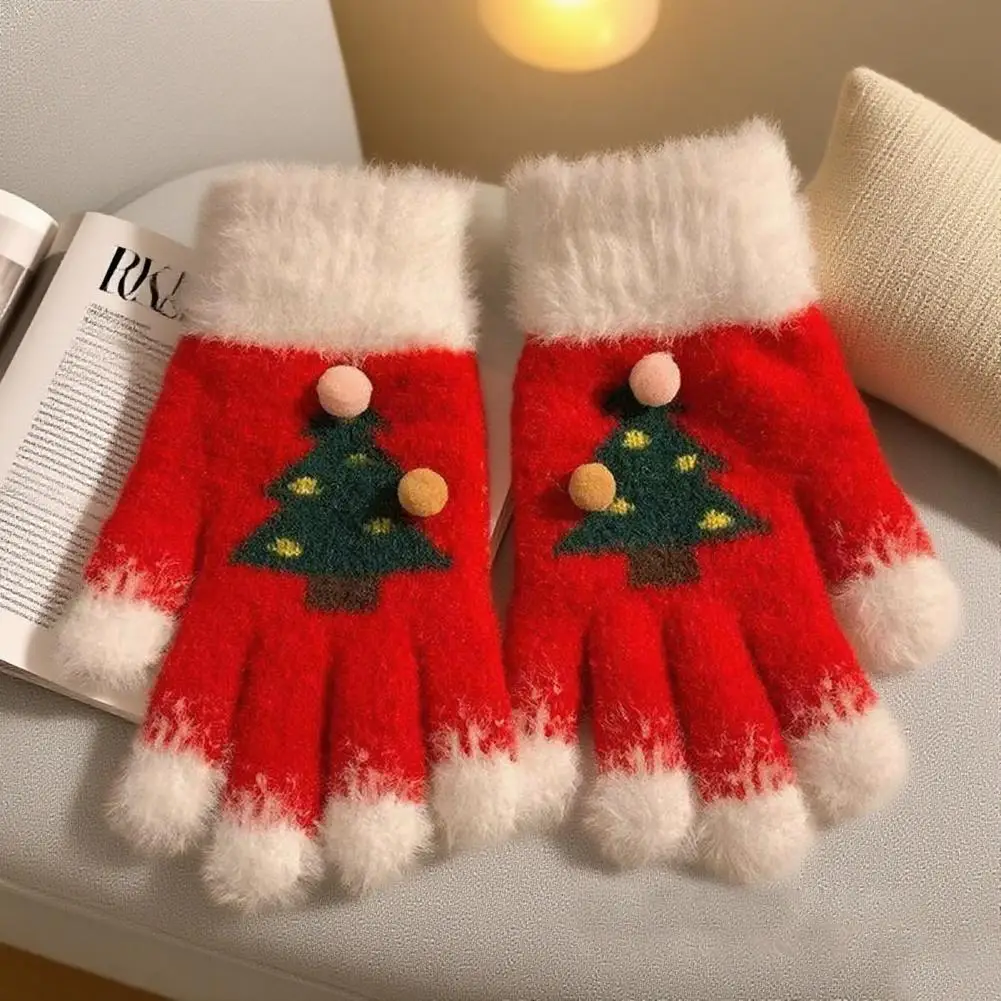 Festive Wear Gloves Knitted Christmas Gloves Unisex Winter Touchscreen Fuzzy Gloves for Adults Kids Festive Tree Pattern Exposed