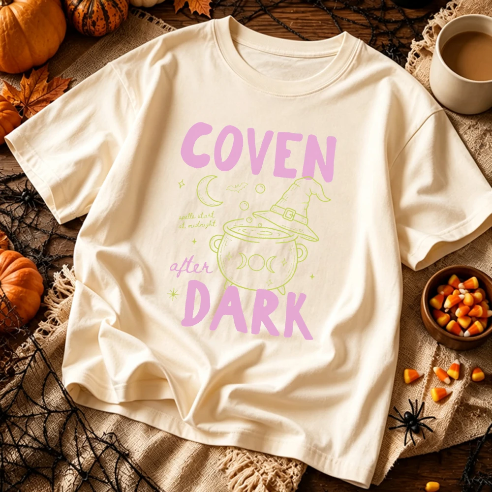 Coven After Dark Graphic T Shirt Men Women Witch Cauldron Moon Bat Print Tee Whimsigoth Halloween Spooky Season Casual Top