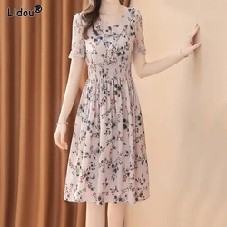 Summer New Oversize Chiffon Dress V-neck Floral Print Short Sleeve Empire A-line Skirt Summer Young Style Women Clothing 2022