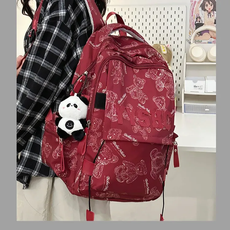 屋外用大容量クマ柄バックパック女性用スクールバッグダブルショルダーバッグシンプルファッション韓国風トラベルバッグ