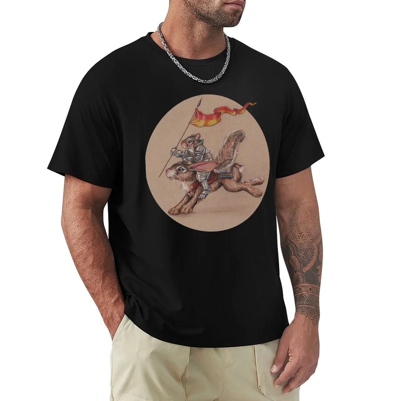 Squirrel in Shining Armor with trusted Bunny Steed T-Shirt Mechanic Work Tee Shirt