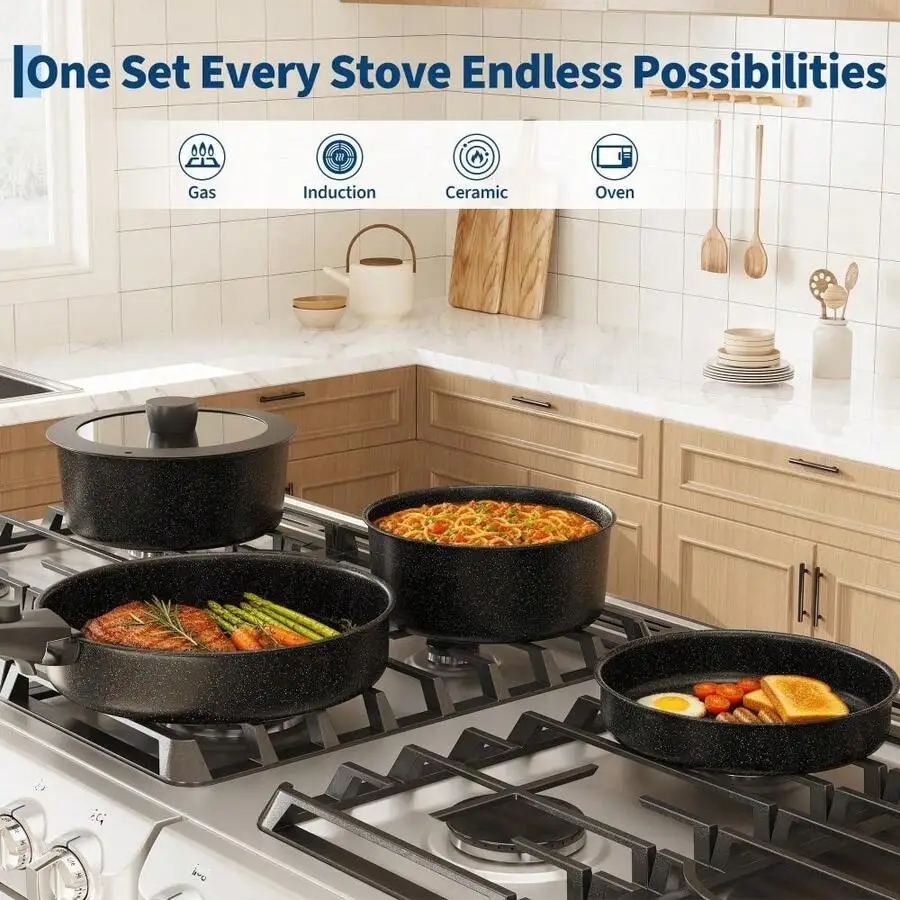 19 Piece Non-Stick Pots And Pans Set, Detachable Handle Cookware Frying Pans, Sauté Pan, Stockpot, Steamer, Compatible With Gas,
