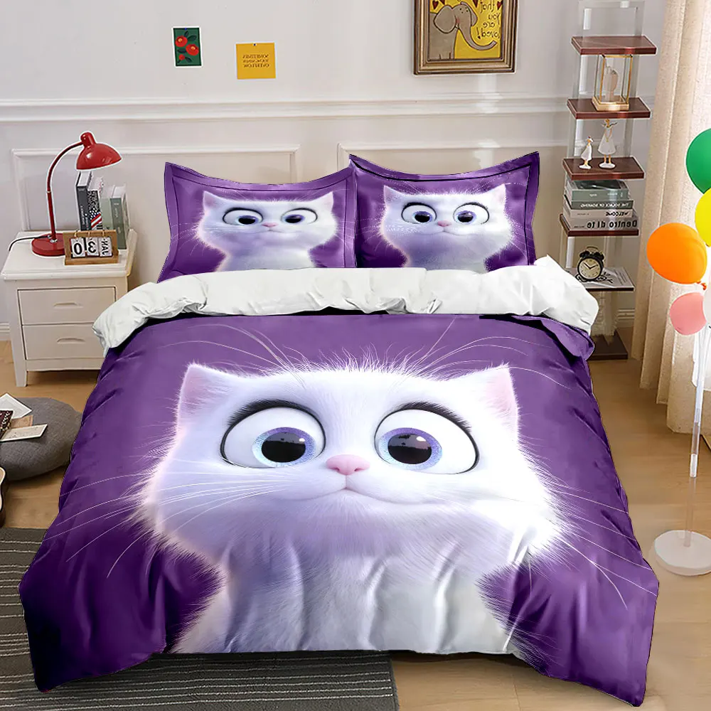 

White cat, purple background, big eyes Duvet Cover Set with 3D Printing Design Soft Polyester Bedding Set All-Season Comfort