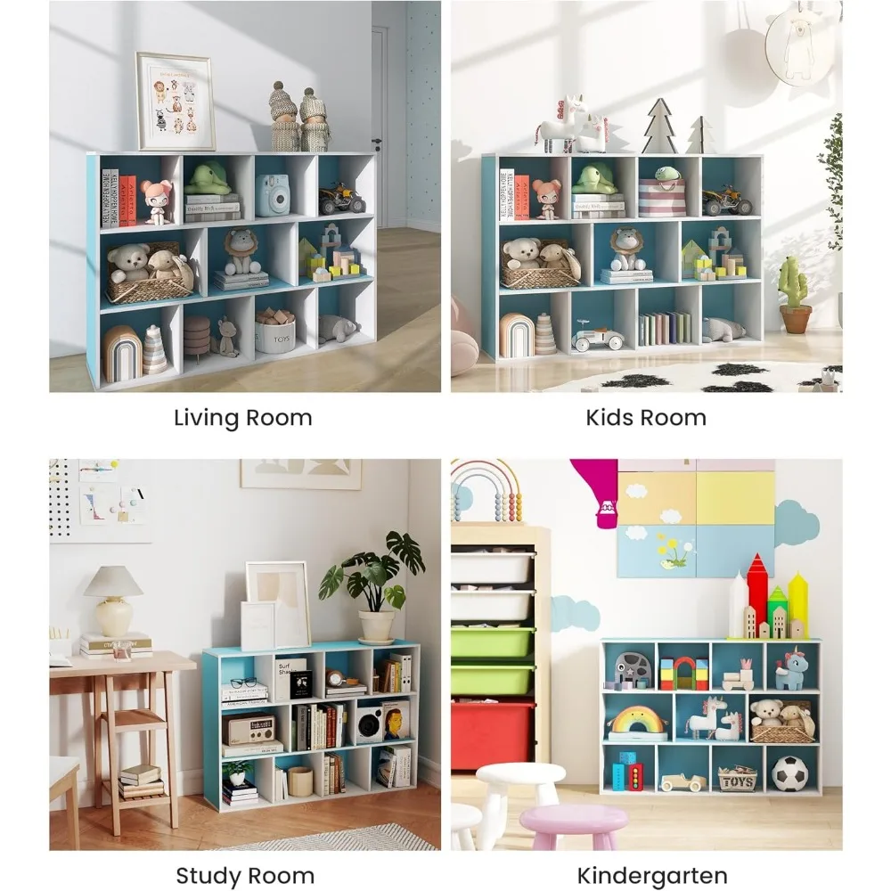 거실, 교실, 놀이방 공간에 적합한 블루 색상의 컴팩트한 11칸 어린이 책장 정리함