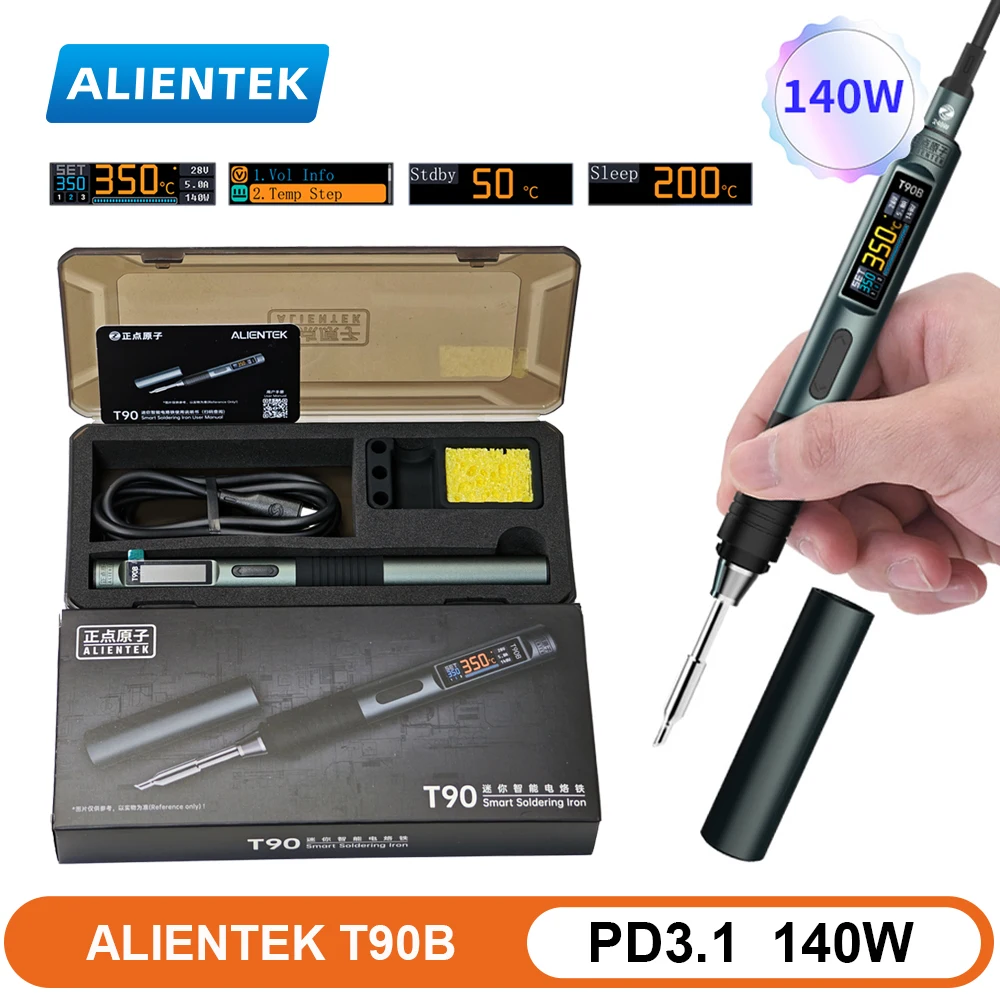 Паяльник ALIENTEK T90B Smart 140W с экраном IPS, регулировкой температуры, разъемом Type-C PD3.1, насадками T245 для точной пайки