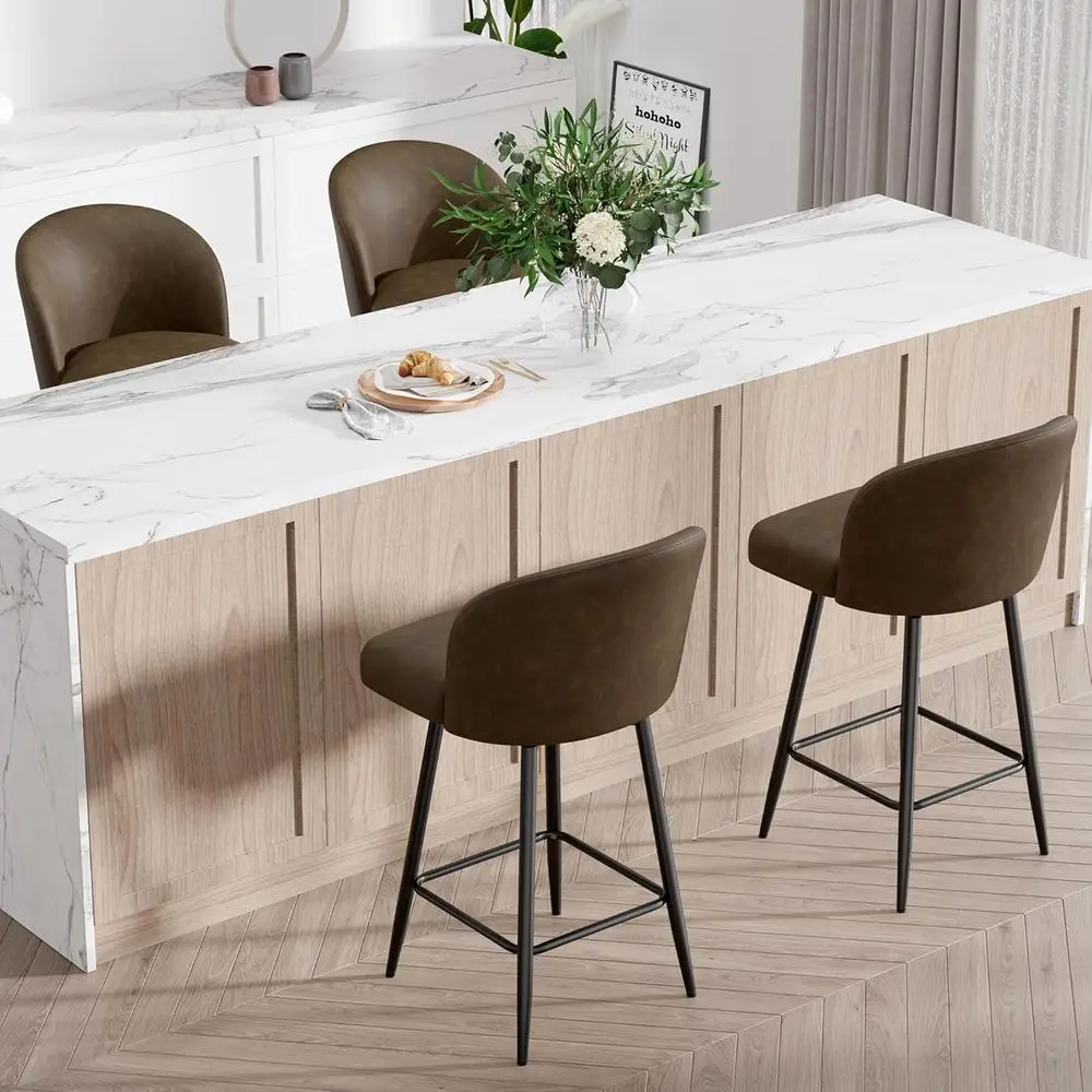 

Set of 4 Counter Height Swivel Bar Stools with High Back, 26 Seat Height, Metal Legs, Upholstered in Dark Brown PU Leather for K