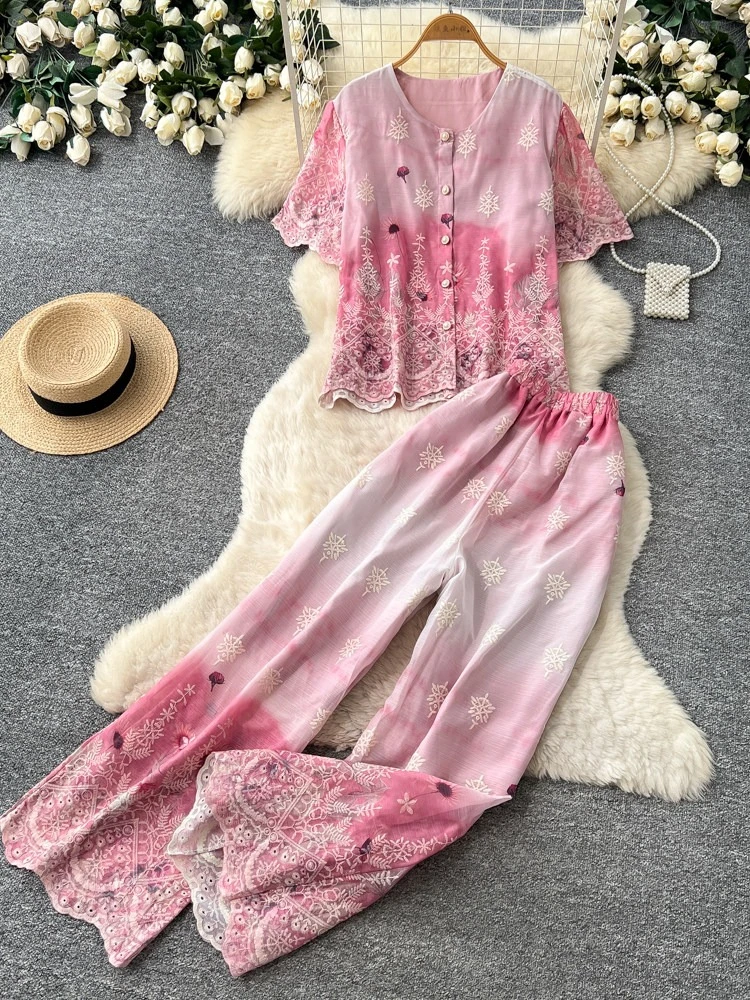 

Vacation style lace gradient short sleeved cardigan high waist wide leg pants women's summer commuting fashion two-piece set