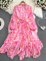 Spring Autumn Women Floral Irregular Ruffle Long Dress Bohemian Pink/Blue/Purple Stand Collar Puff Sleeve High Waist Vestidos