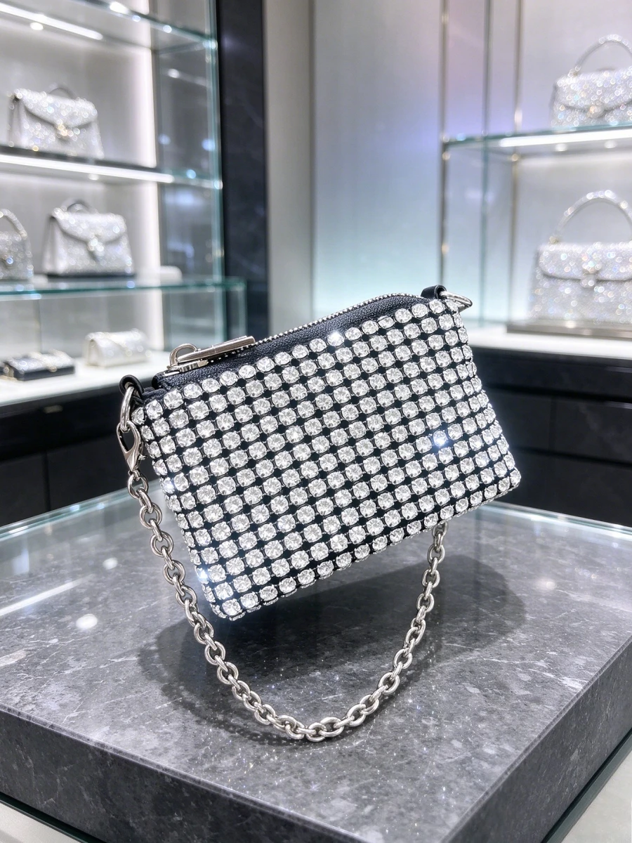 Women Black Base Full Rhinestone Mini Zipper Crossbody Purse Elegant Crystal Small Shoulder Bag For Mature Ladies Evening Events