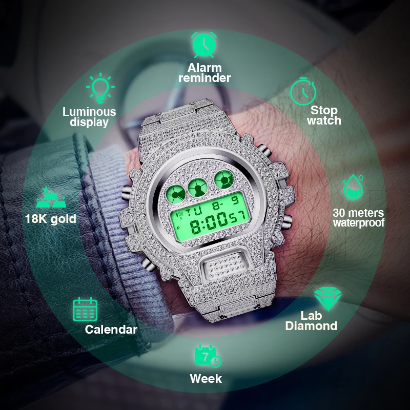 Orologio di lusso con diamanti per uomo moda multifunzione giappone movimento digitale orologio Sport Full Steel Waterproof Luminous Relojes