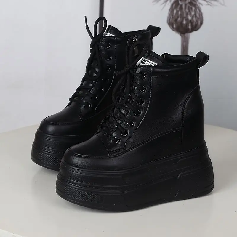 High Top 13CM Genuine Leather Platform Heel Wedge Shoes Sneakers Ankle Mid Calf Boots Platform Boots Women Well-fitting Shoes