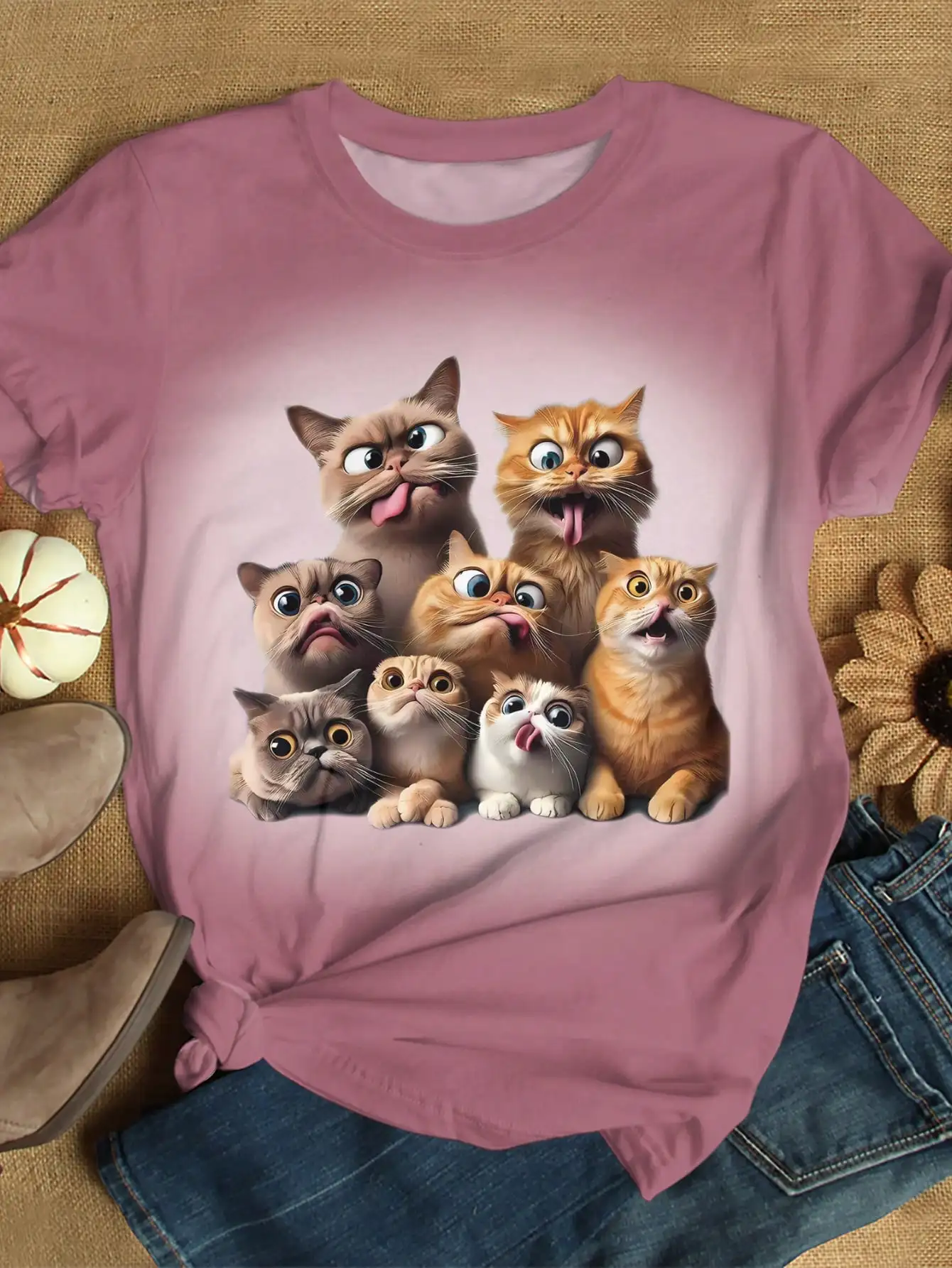 

Funny Cat Family Graphic T-Shirt for Women, Casual Short Sleeve Tee with Cute Cartoon Cats Print