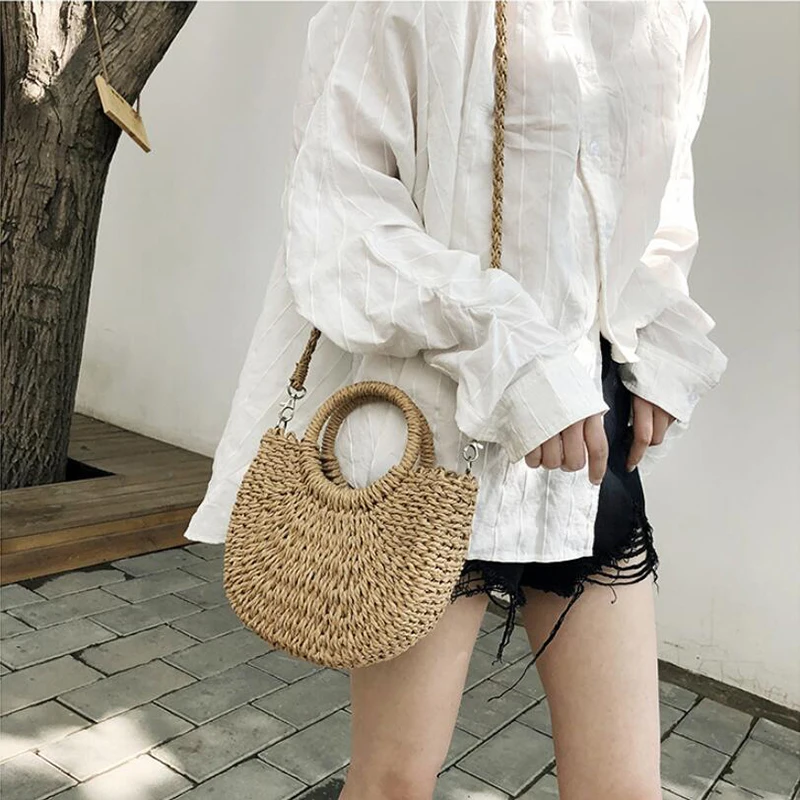 Summer New Simple Handheld Straw Woven Bag Women\'s Personalized Solid Color Half Round Shoulder Crossbody Travel Vacation Bag