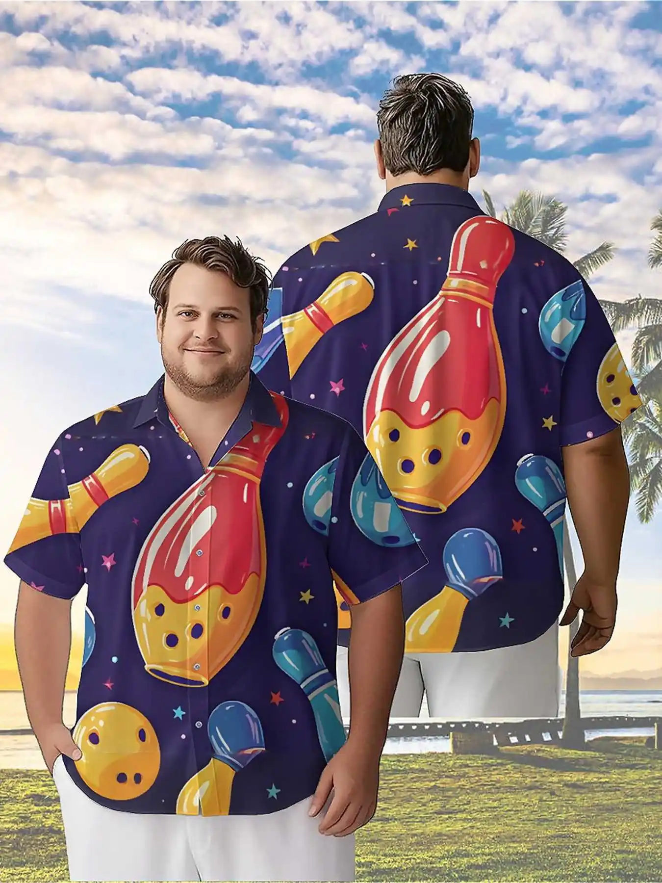 Men's Plus Size Hawaiian Shirts Space Theme Bowling pattern,Premium Comfort Youth Clothes,Streetwear Y2K Tops