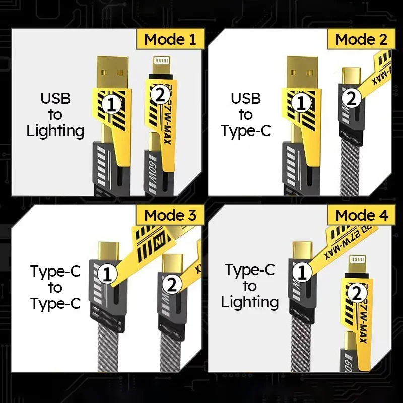 4 in 1 65W Fast Charging USB cable Type C Usb Micro For Iphone Samsung Huawei Xiaomi Multi Port Multiple Charging Wire