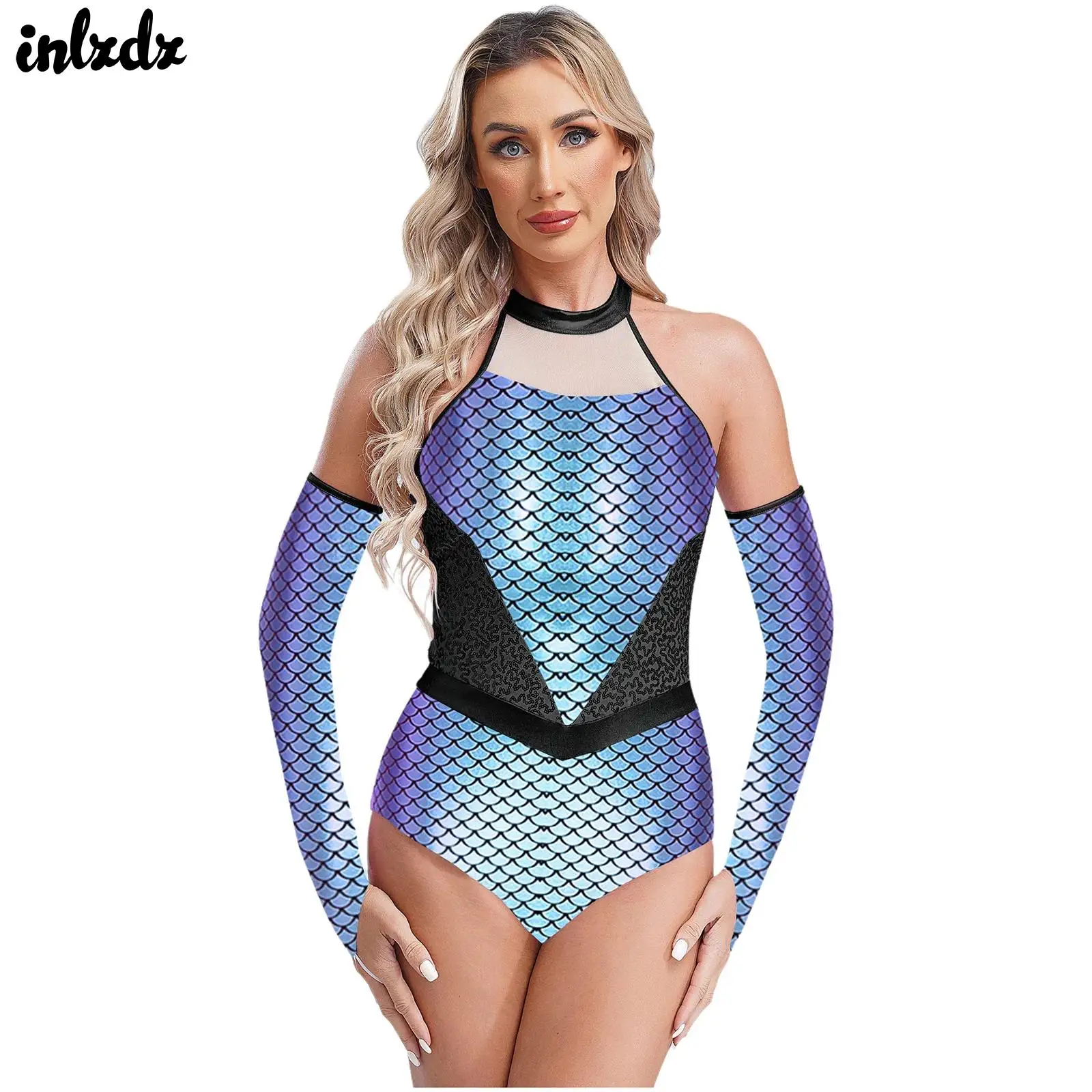 

Womens Sequin Mermaid Shiny Halloween Carnival Cosplay Costume Bodysuit with Fingerless Gloves Halter High Cut Leotard Jumpsuit