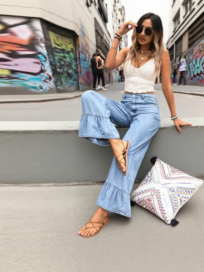 

Women's Light Blue Ruffle Hem Wide Leg Jeans High Waisted Flared Denim Pants with Ruffled Cuffs Loose Fit Trousers for Casual