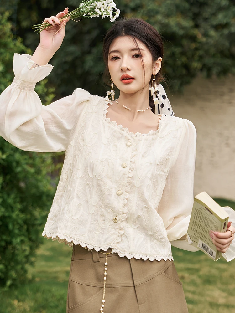 MISHOW French Lace Chiffon Blouses for Women Spring 2024 Romantic Ruffled Long Sleeve Square Collar Loose Elegant Top MXD14X1390