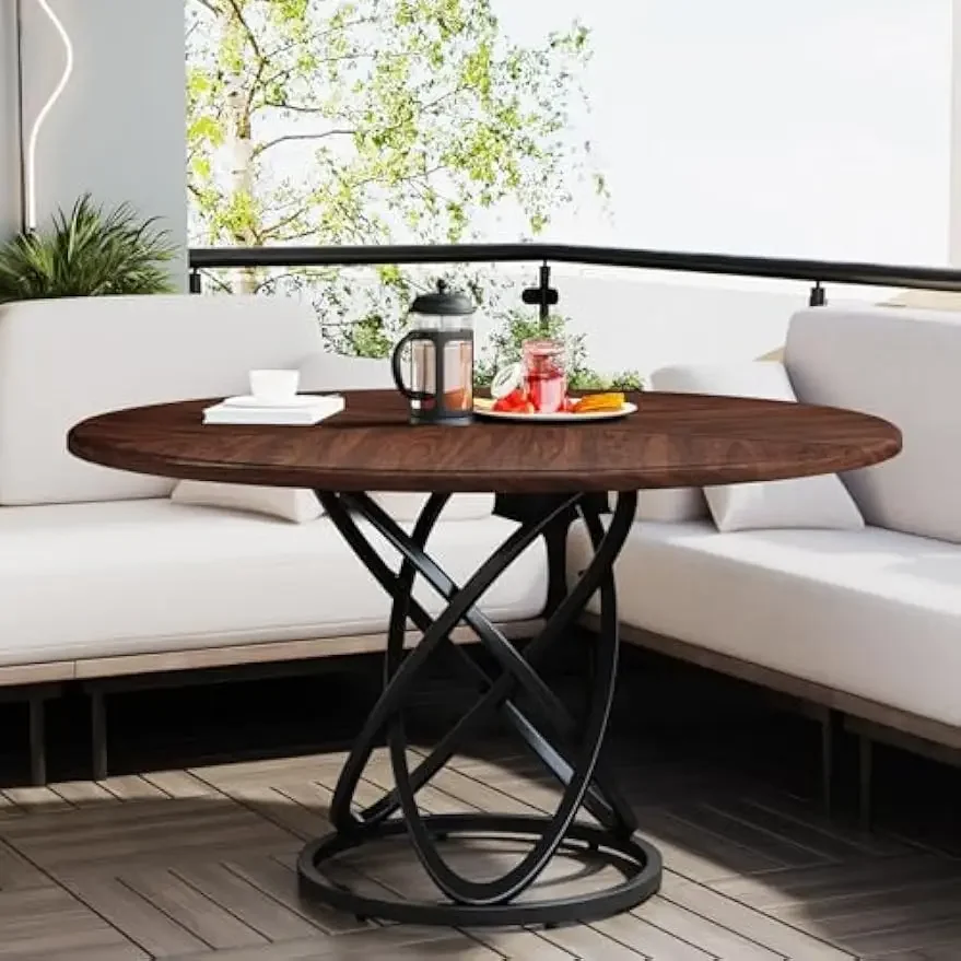 Round Dining Table for 4-6 People, 47 Inch Dinner Table Circle Kitchen with Metal Base, Wood Dining Room