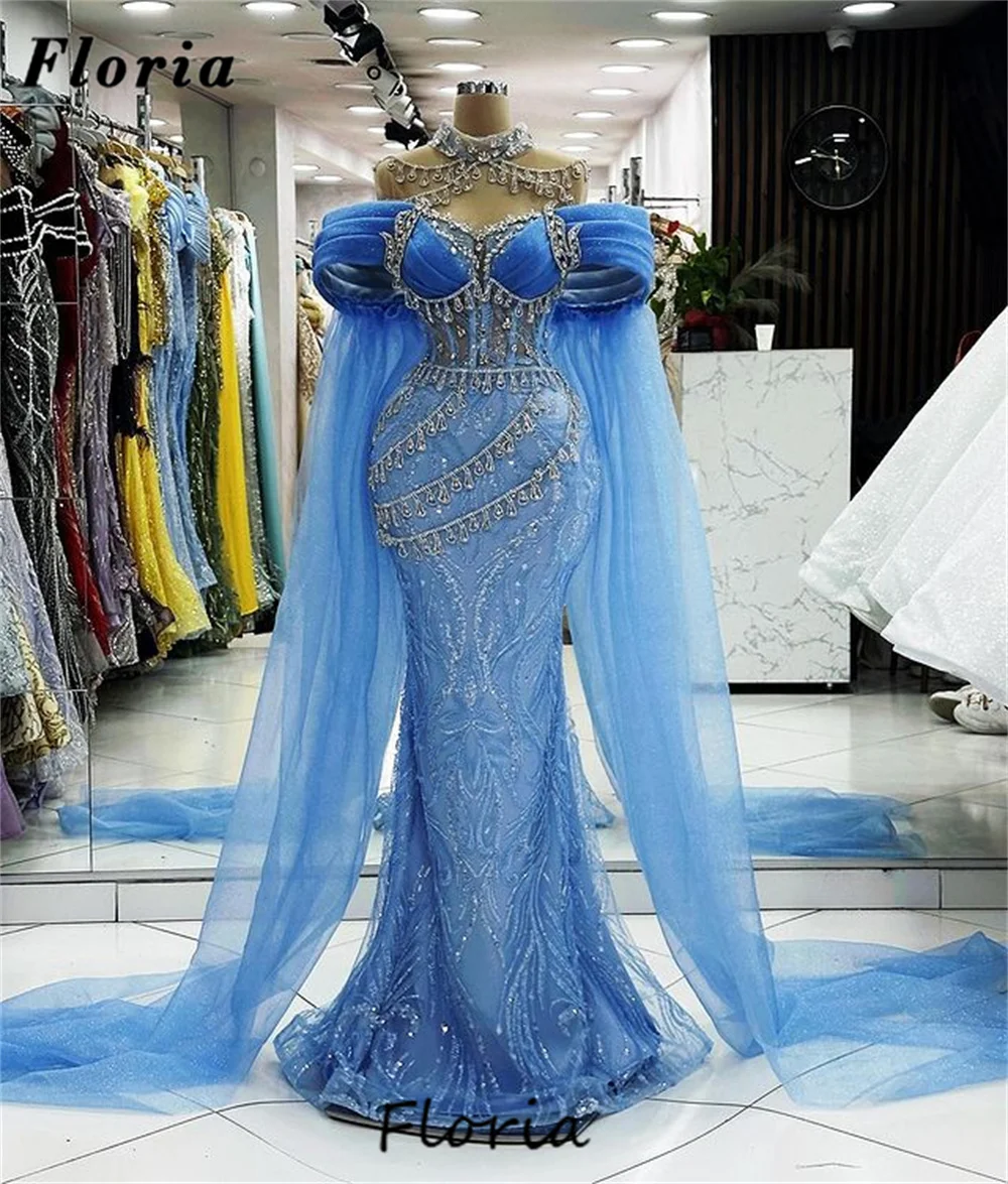 

Blue Beaded Prom Dresses Custom Made Mermaid Crystals Red Carpet Runway Dress Elegant Dubai Women Evening Wear Gowns Party Dress