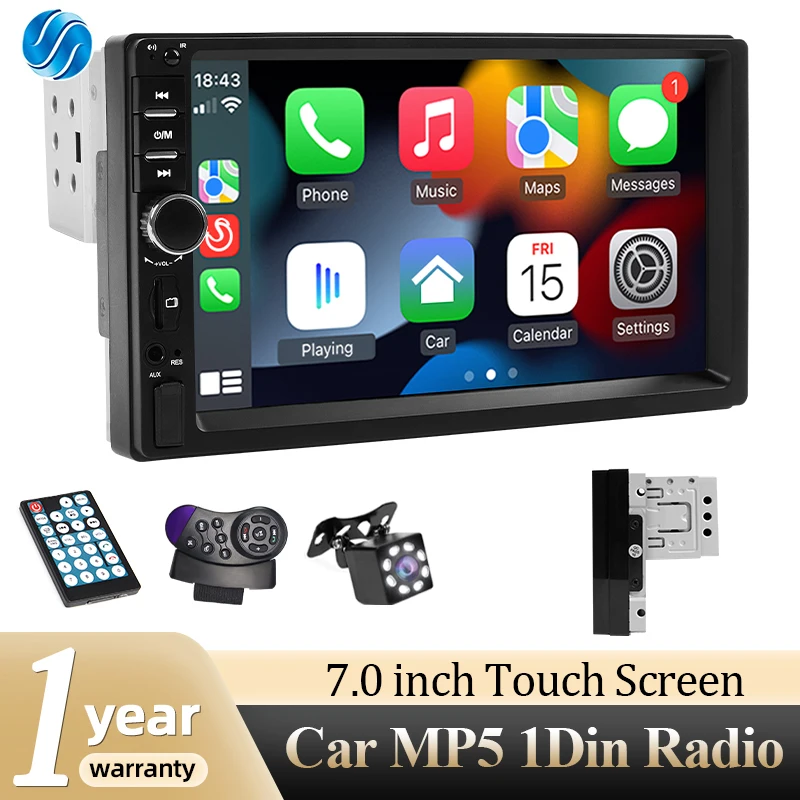 

7-дюймовый 1Din Carplay Android Auto Автомобильный радиоприемник MP5 Мультимедийный плеер Сенсорный экран FM ISO Power Aux Вход USB Mirror Link Универсальный A